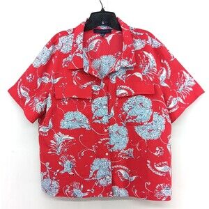 Tommy Hilfiger Shirt Women Size 2XL Red Floral Short Sleeve Collared Button Up